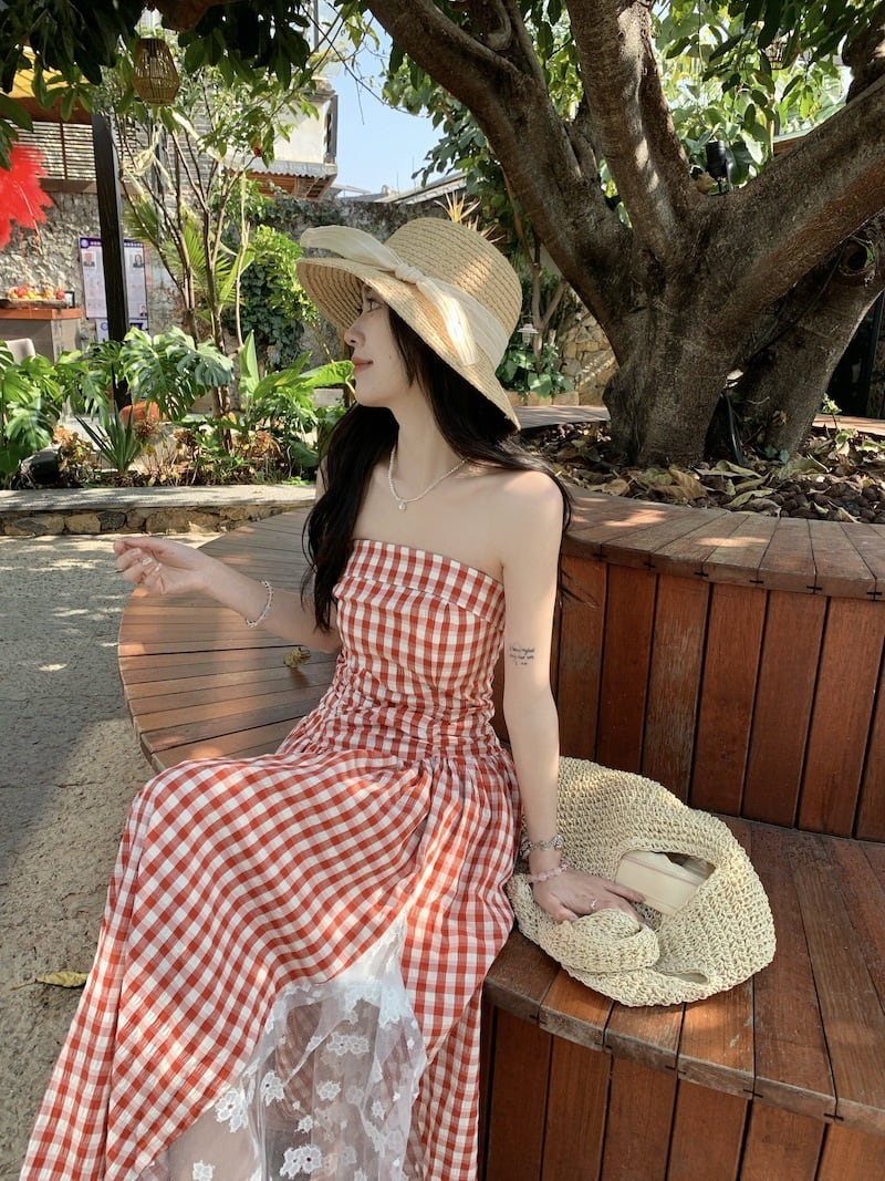 【dress】レースドッキングチェック柄ワンピース　M29795