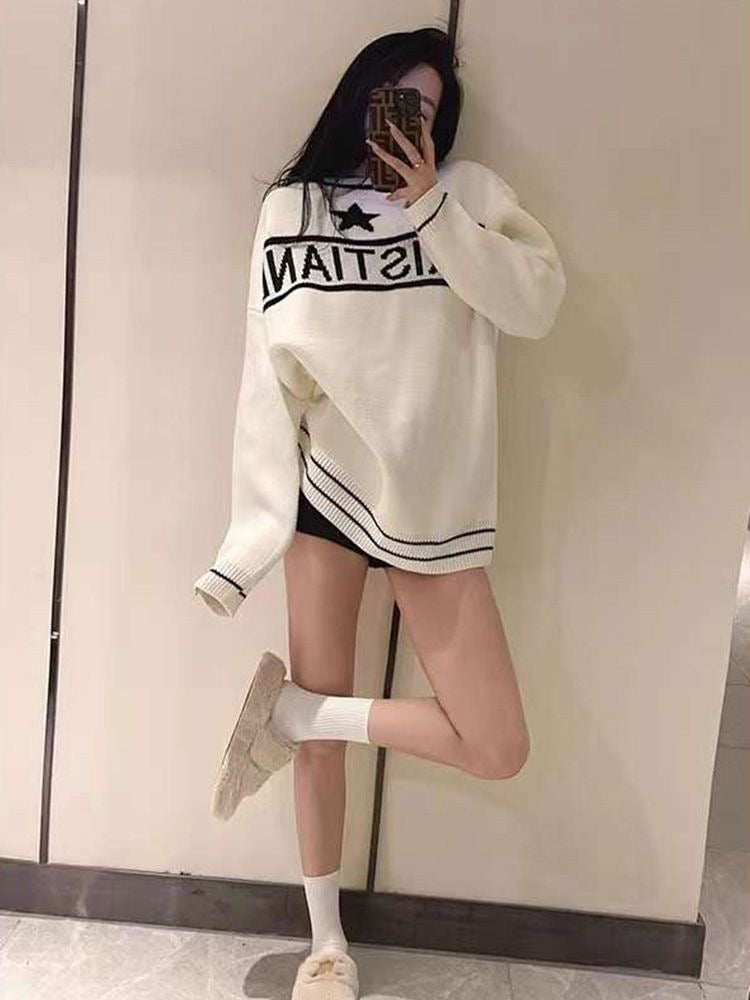 【tops】英字柄長袖ニットセーターF8241