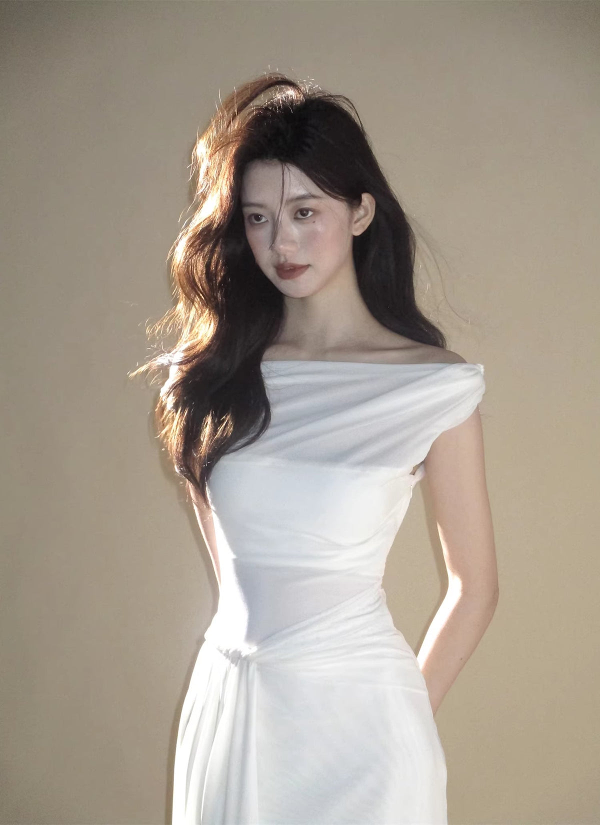 【dress】オフショルダーチュールロングワンピース Q8378