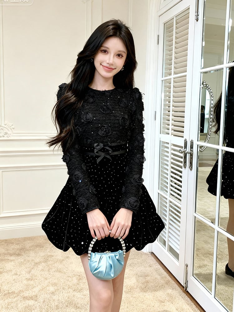 【dress】立体感バラベルベットワンピース Q7506
