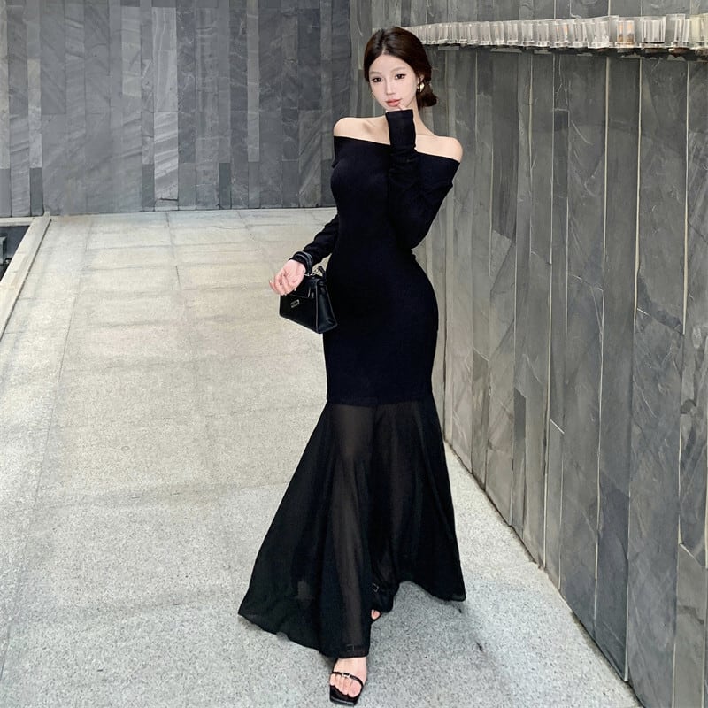 【dress】チュールコンビボートネックマーメイドワンピース　M29764
