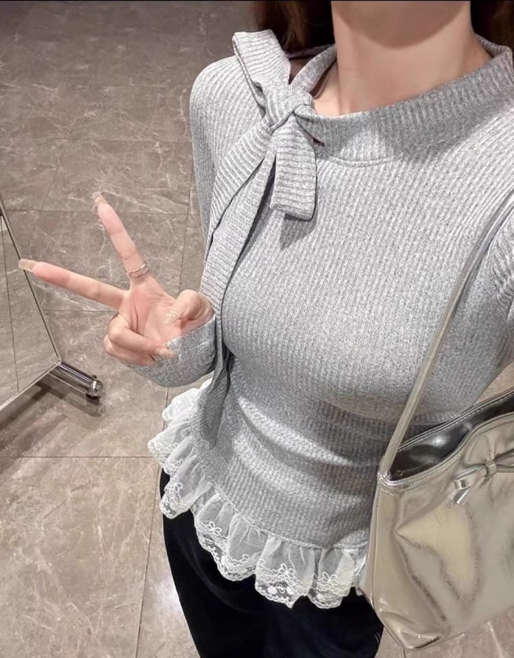 【tops】レースドッキングニットトップス　M28048
