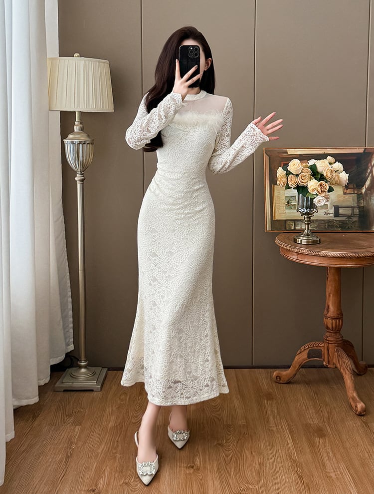 【dress】ファー付きレースワンピース Q7498
