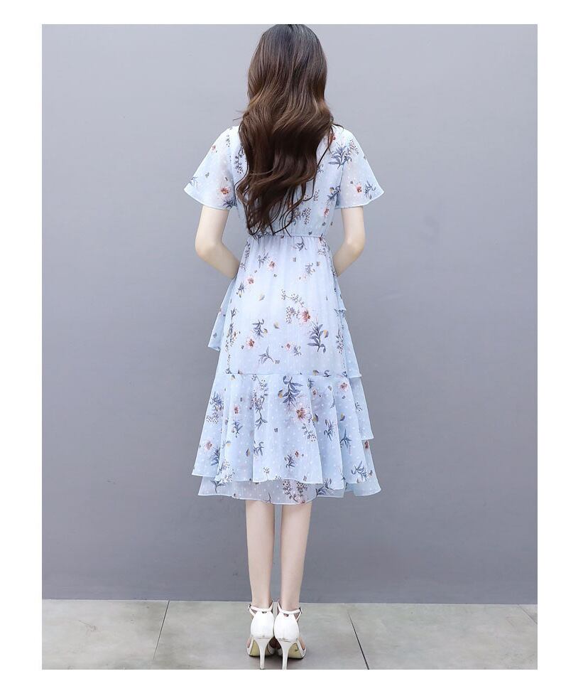 【dress】清新スウィート〜タイカラーフレアスリーブ韓国風ギャザー花柄ワンピースF0296