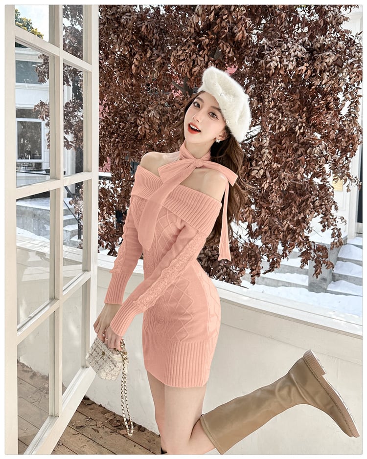 【dress】リボンオフショルニットワンピース　N2855