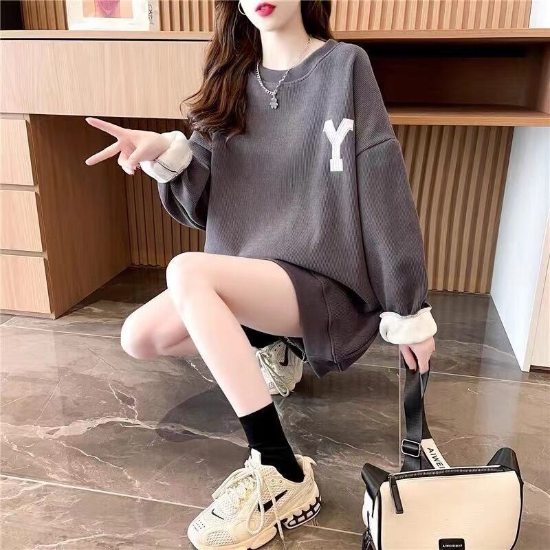 【tops】学院風アルファベット3色裏起毛秋冬新作配色ラウンドネック長袖厚手着回しパーカーF1334