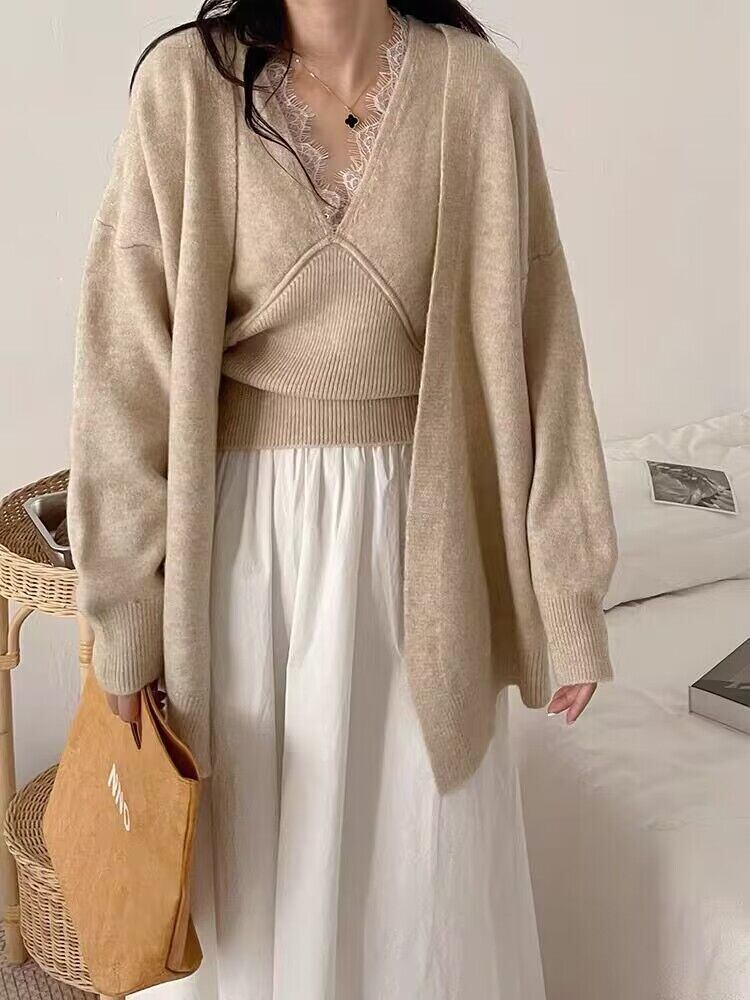 【tops】レース切り替えノースリトップス×カーディガンセット　N2155