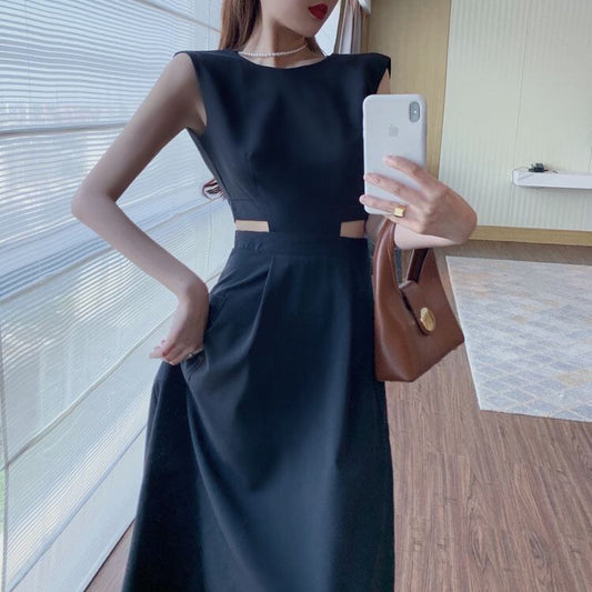 【dress】韓国ファッション海旅行ラウンドネック無地ノースリーブ着やせワンピースF0322