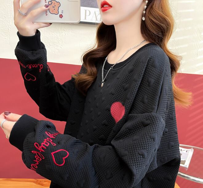 【tops】INS風ラウンドネック長袖ハート柄カジュアル薄手パーカーF3574
