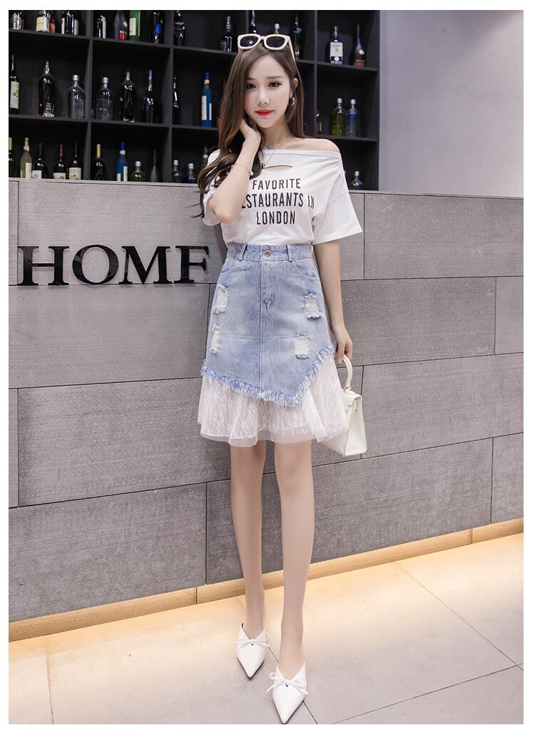 【bottoms】おすすめファッションレースハイウエスト切り替えゆったりデニムスカート