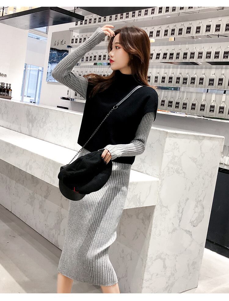 【set】秋冬新作好感度UP!気質満点ファッションベスト+ニットワンピース２点セット G3606