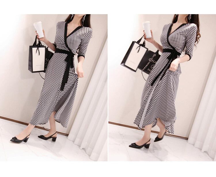 【dress】気質満点レトロ着痩せスリットプリントVネックワンピース