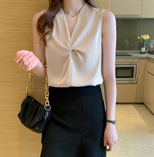 【tops】Vネックノースリーブ無地着回しタンクトップシフォンF0248