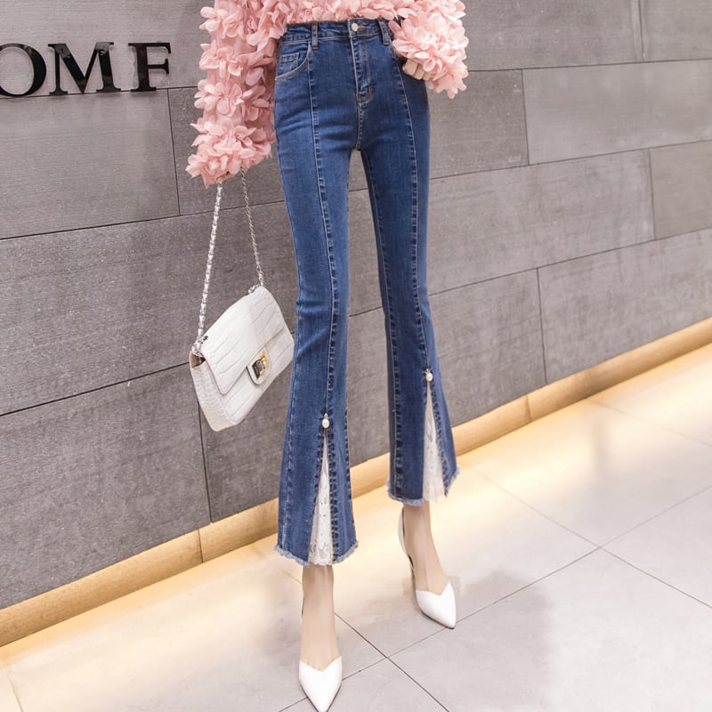 【bottoms】好感度UP!合わせやすい九分丈ハイウエスト着痩せ切り替えレースデニムパンツ G3448