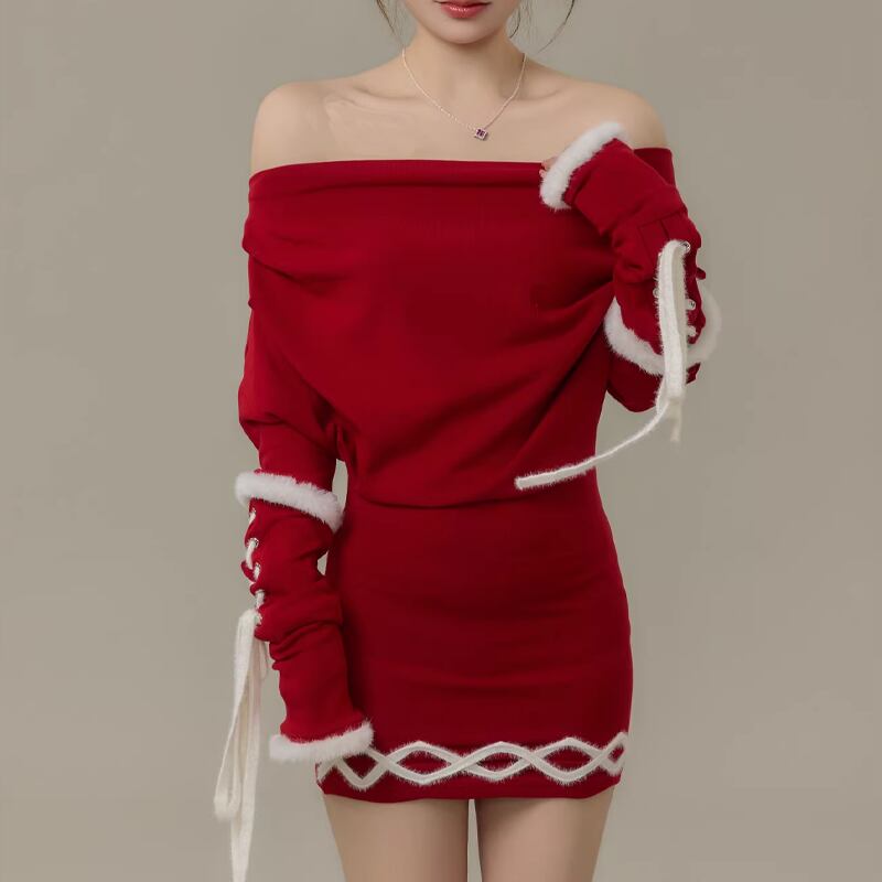 【dress】ファー付きオフショルダーニットワンピース Q7730