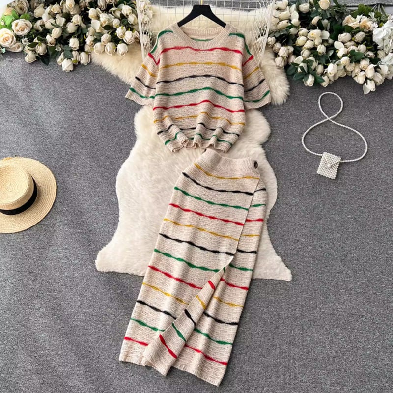 【set】ボーダー柄Ｔシャツ+スカート2点セットF7522