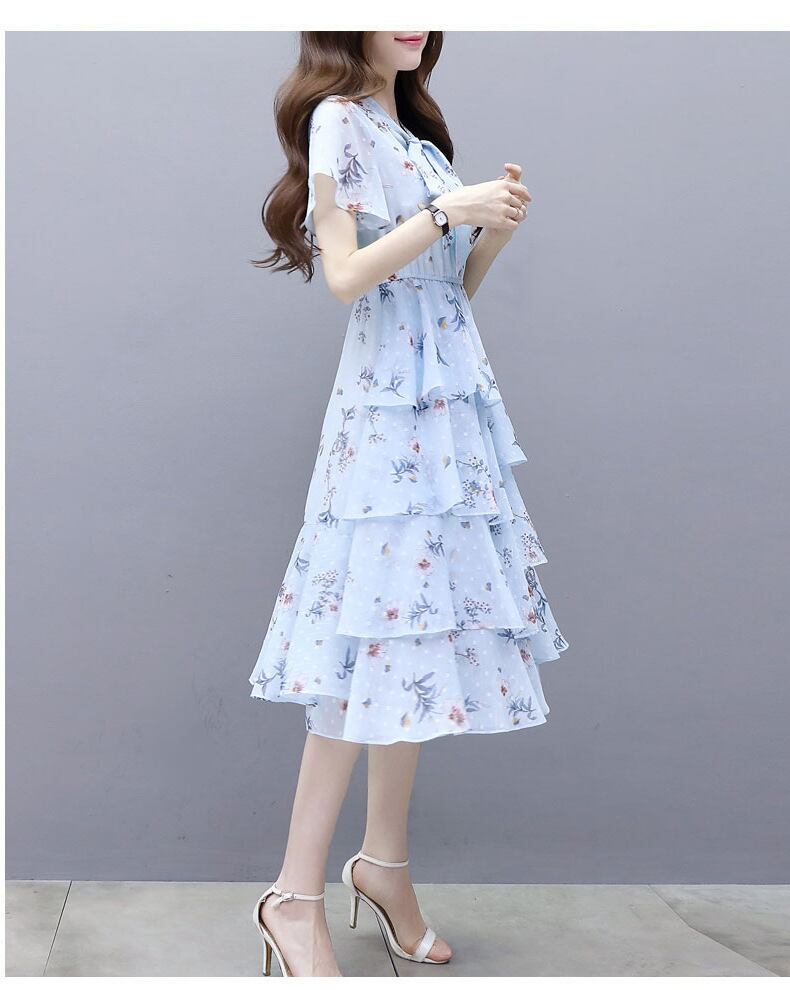 【dress】清新スウィート〜タイカラーフレアスリーブ韓国風ギャザー花柄ワンピースF0296