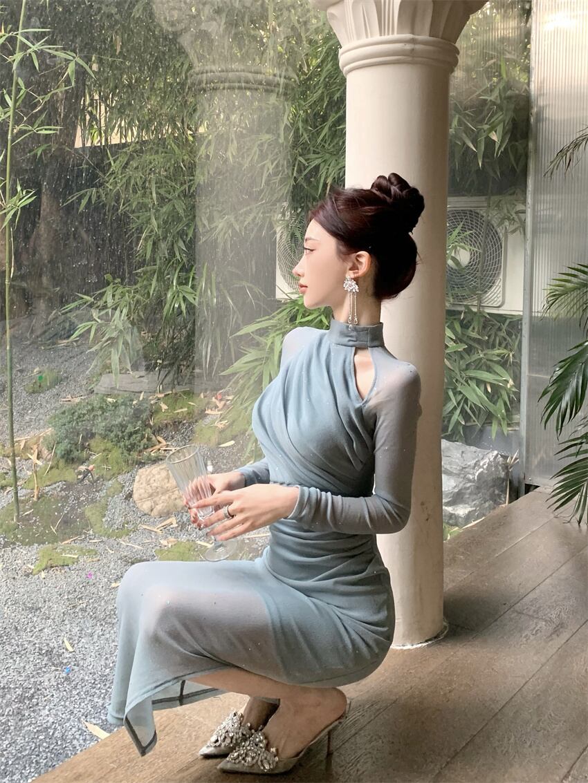 【dress】ギャザーメッシュタイトワンピース G20643