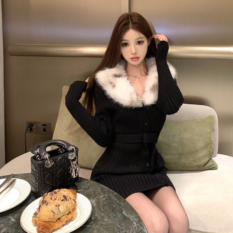 【dress】ファーカラーニットワンピース　N2905
