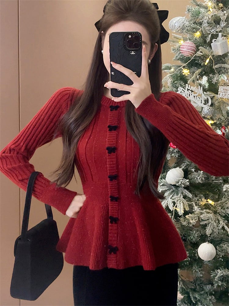 【tops】リボン付きニットセーター　M25810