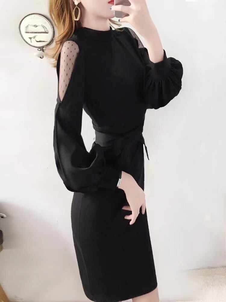 【dress】オシャレ度満点〜韓国風INS風長袖切り替え蝶々結び韓国ファッション無地タイトワンピースF3399