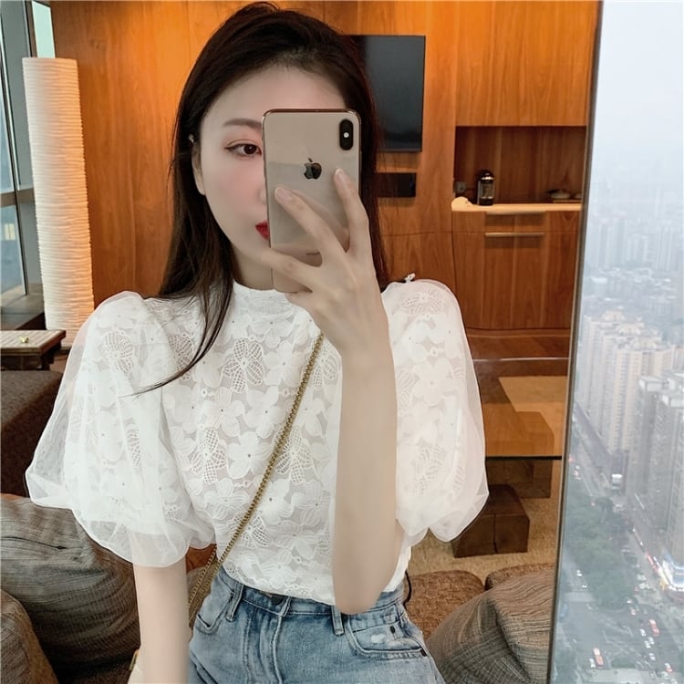 【tops】パフスリーブレースブラウスG20111