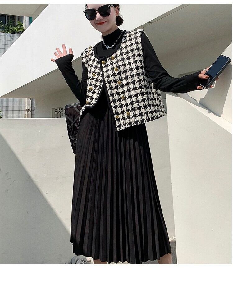 【set】ツイードジレ×ニットプリーツワンピースセット　N2122