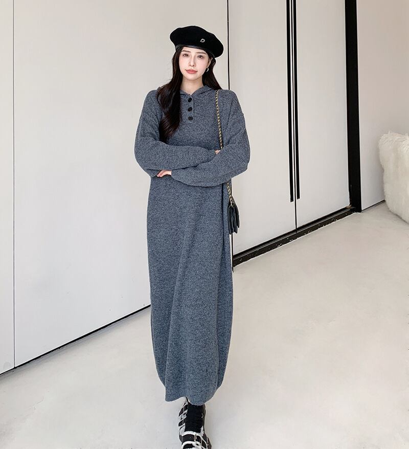【dress】フード付きロングニットワンピース　N2186