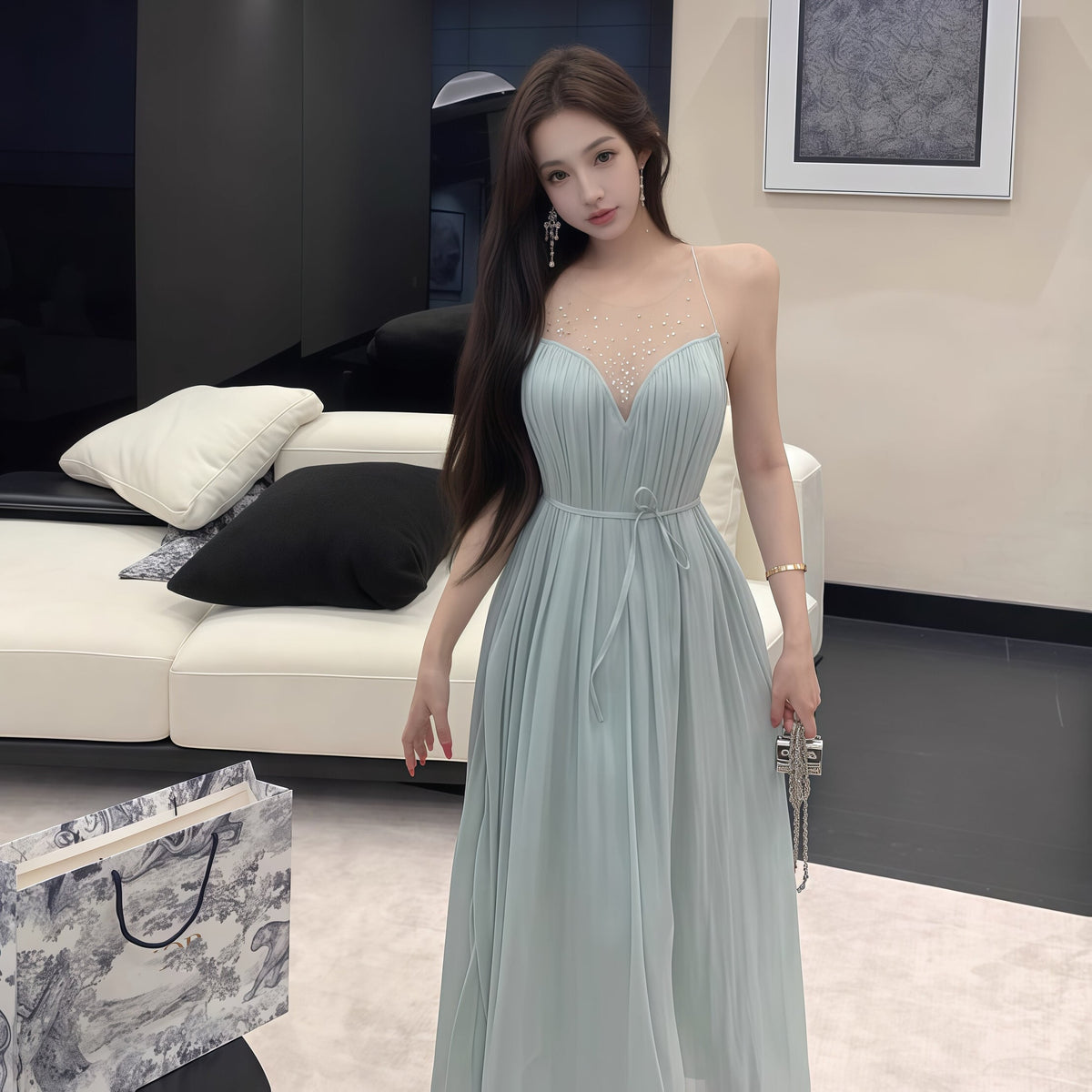 【dress】ラインストーン付きチュールドッキングロングワンピース Q8377