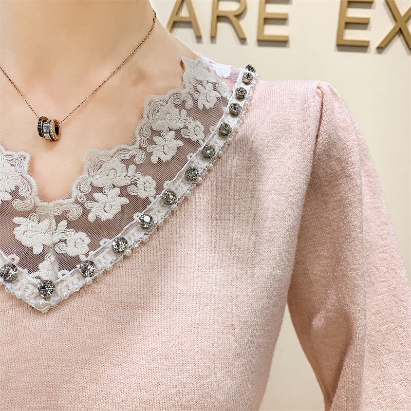 【tops】Vネックレース切り替えニットトップス　M28260