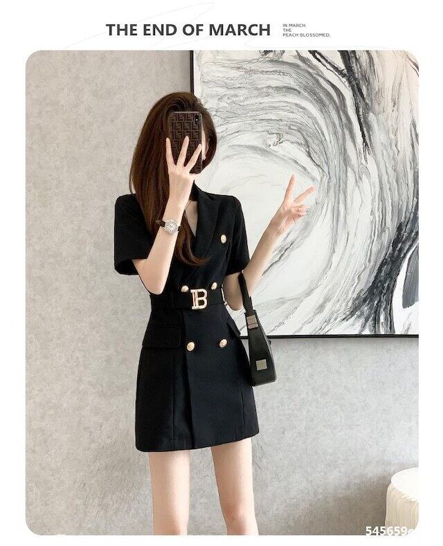 【dress】知的で品の良いOL通勤ラペル半袖Aラインウェスト絞りワンピースF2579