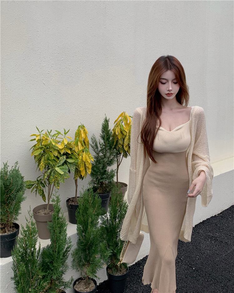 【set】好感度UP!気質満点セクシーカーディガン+キャミワンピースオシャレ２点セット G3383