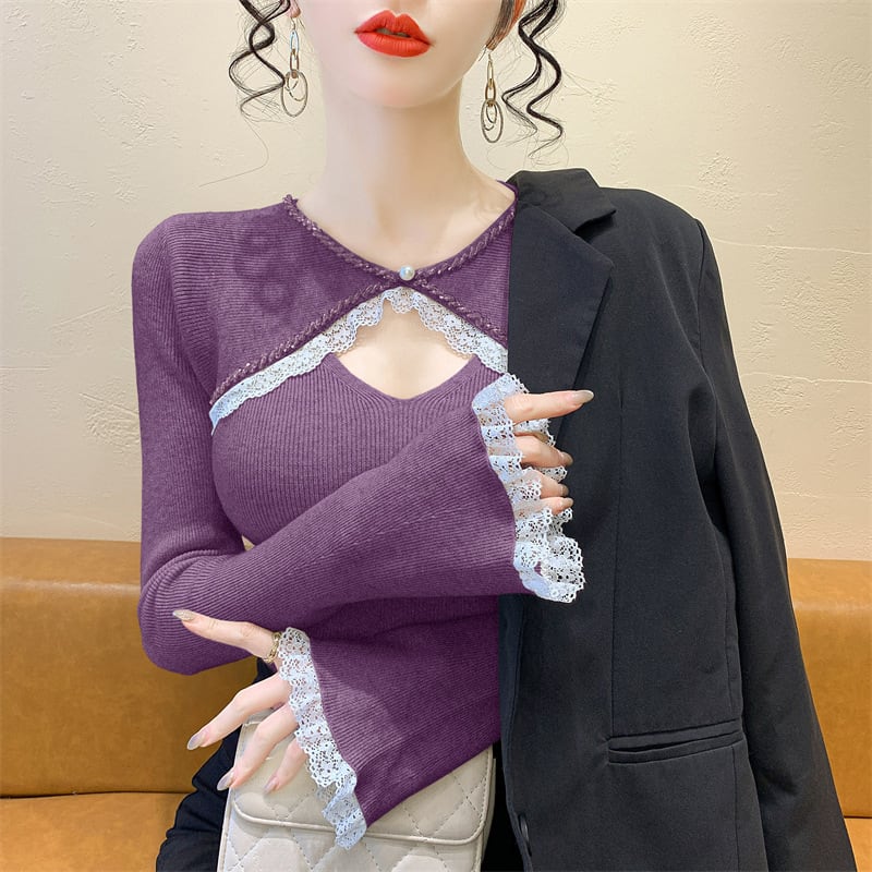 【tops】ビジューレース切り替えニットトップス　M27966