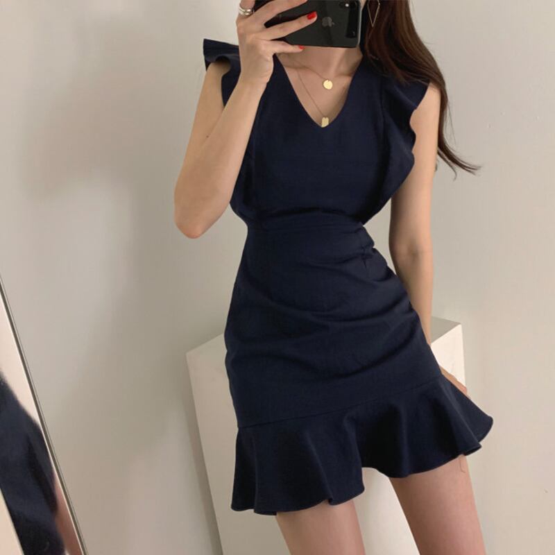 【dress】韓国風好感度UP!気質満点レトロフリル着痩せマーメイドワンピース G0127