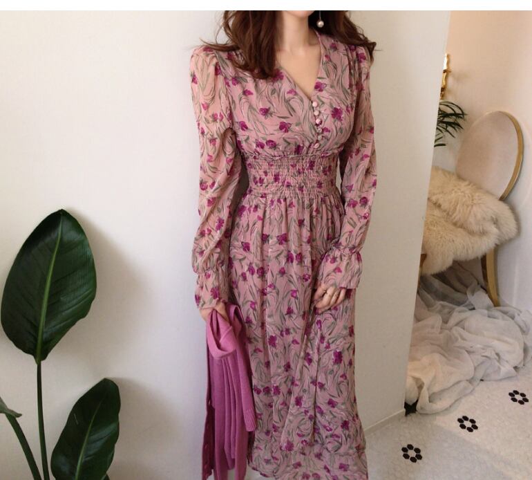 【dress】優しい雰囲気!エレガント気質満点スウィート 韓国系シフォン花柄ワンピース G1785