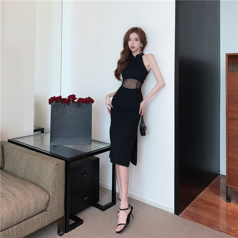 【dress】ノースリーブチュールドッキングワンピース Q8431