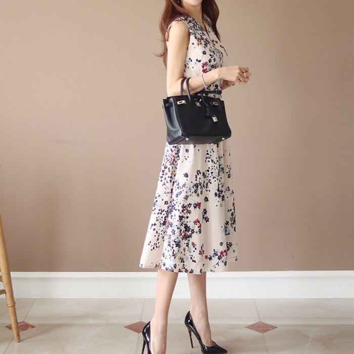 【dress】韓国風質感のいい 気質満点プリント着痩せワンピース