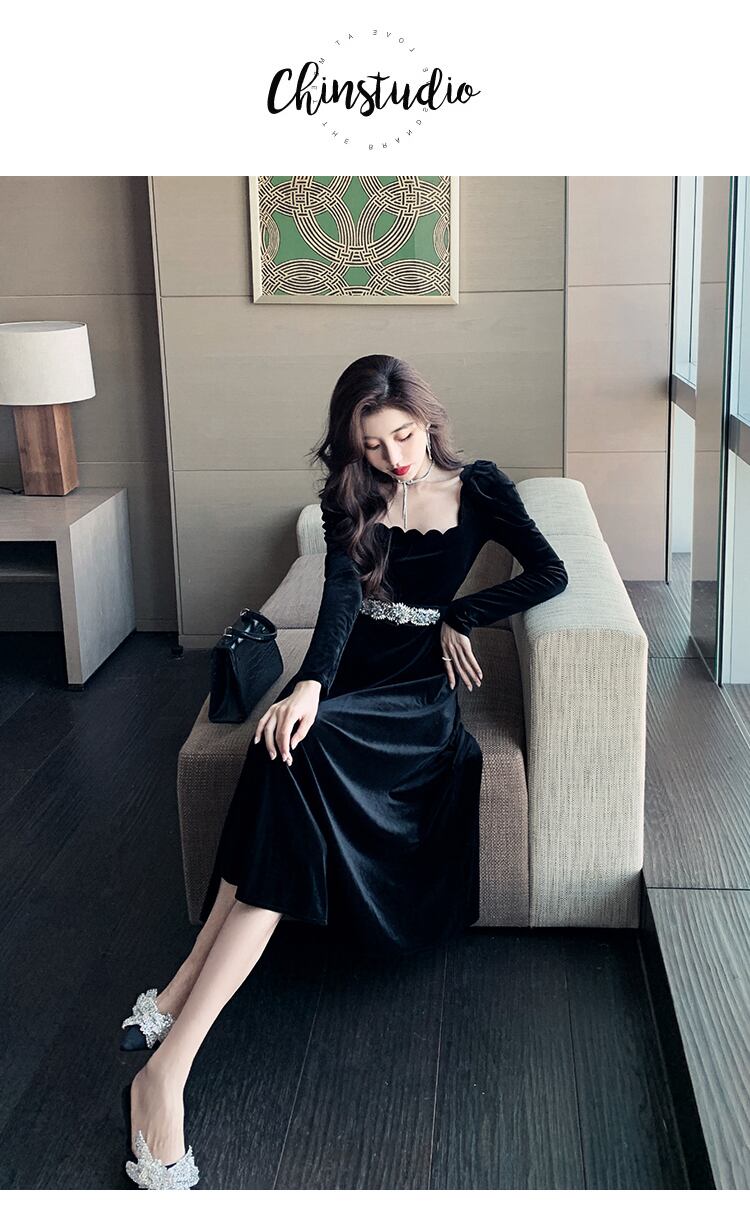 【dress】美人度アップ!気質満点ハイウエスト長袖 スクエアネックワンピース G1418