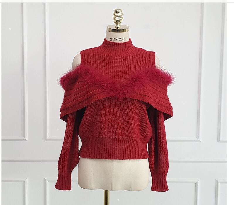 【tops】オフショルダーファーニットトップス　M28998