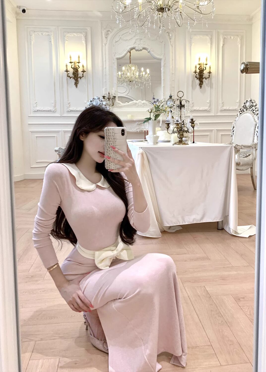 【dress】ベルト付きピーターパンカラーロングワンピース Q7733
