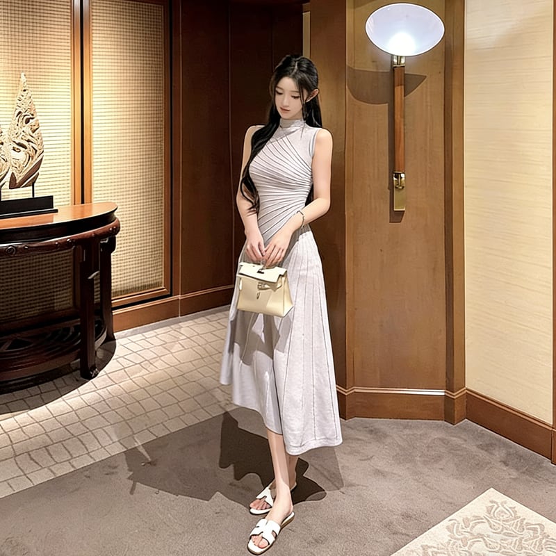 【dress】ノースリーブハイネックニットワンピース Q8404