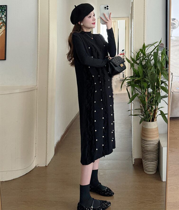 【dress】パール付きフリンジノースリーブニットワンピース　N2783