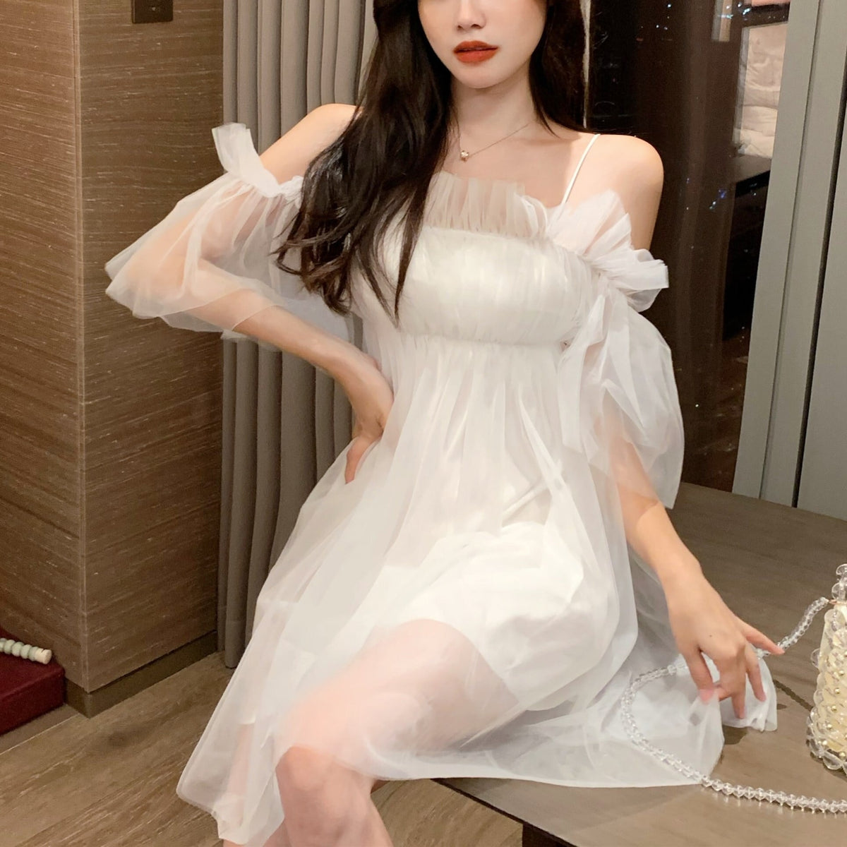 【dress】ギャザーオフショルチュールワンピース　N2666