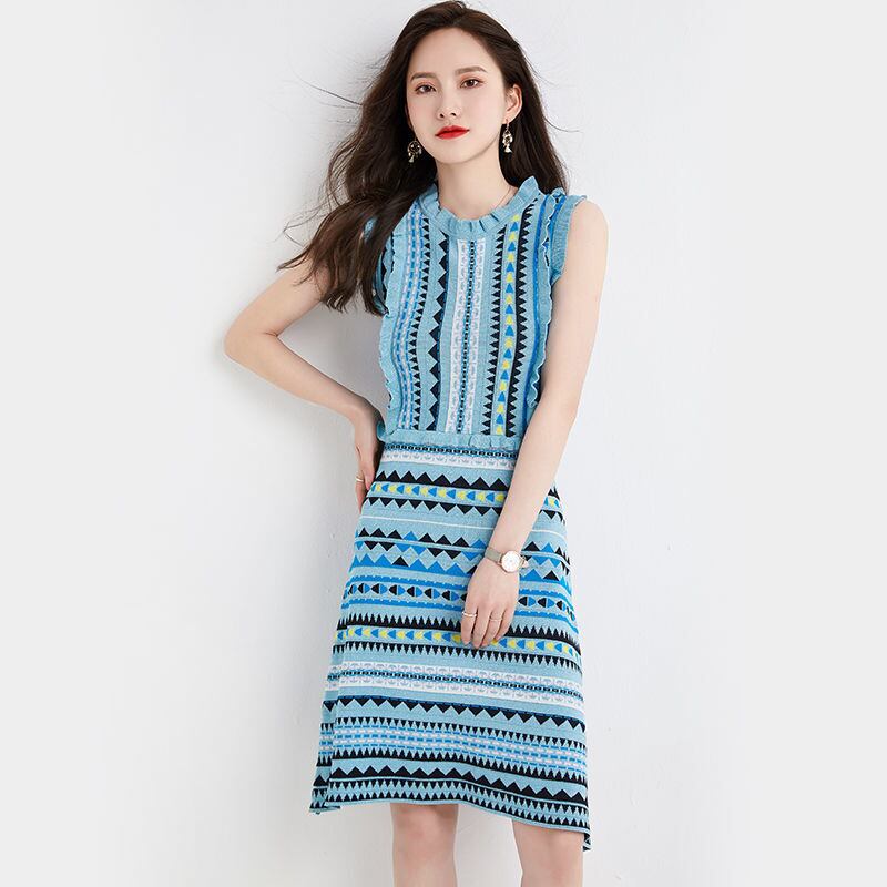 【dress】ファッションストライプ柄切り替え気質満点ノースリーブニット ワンピース G0407