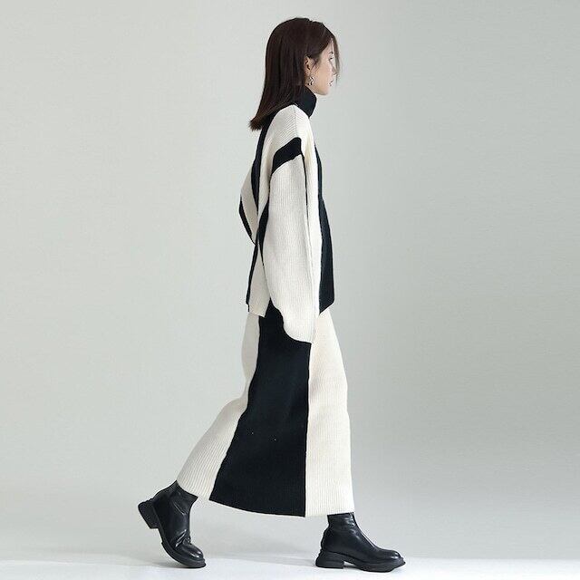 【set】ハイネックセーター+スカート配色２点セット F6295