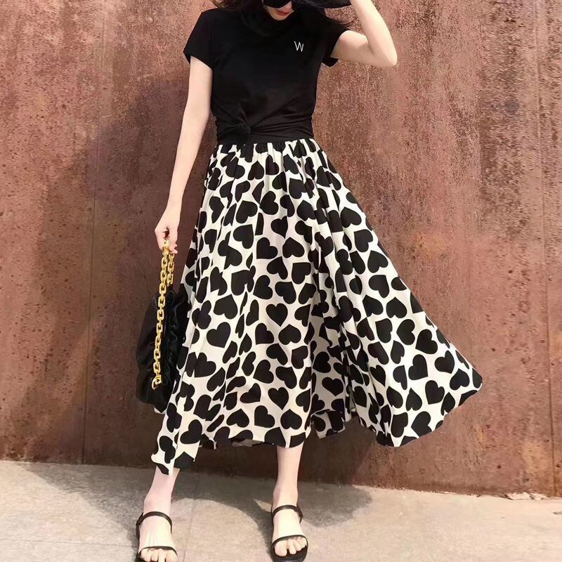 【bottoms】ハート柄Aライン花柄レディースファッションOL通勤ミッドウエストスカート