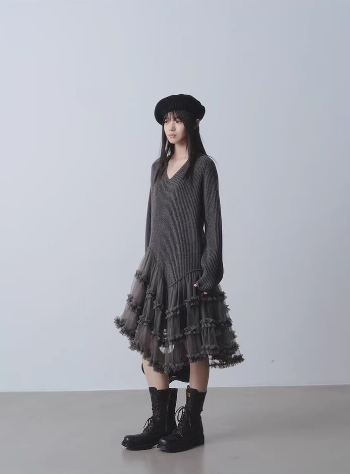 【dress】チュールドッキングウールワンピース Q7963