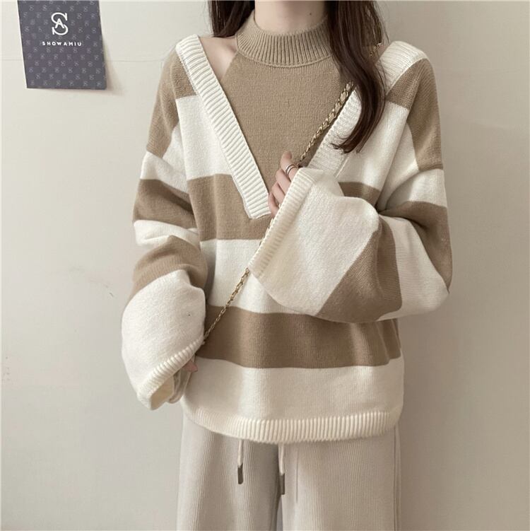 【tops】オフショルダーストライプ柄ニットG17450