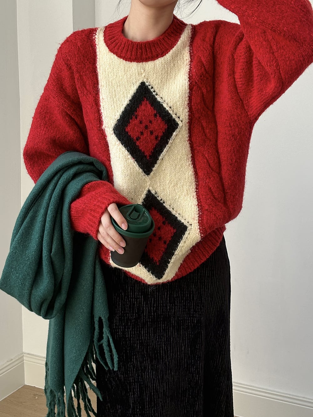 【tops】配色ニットセーター　M28575