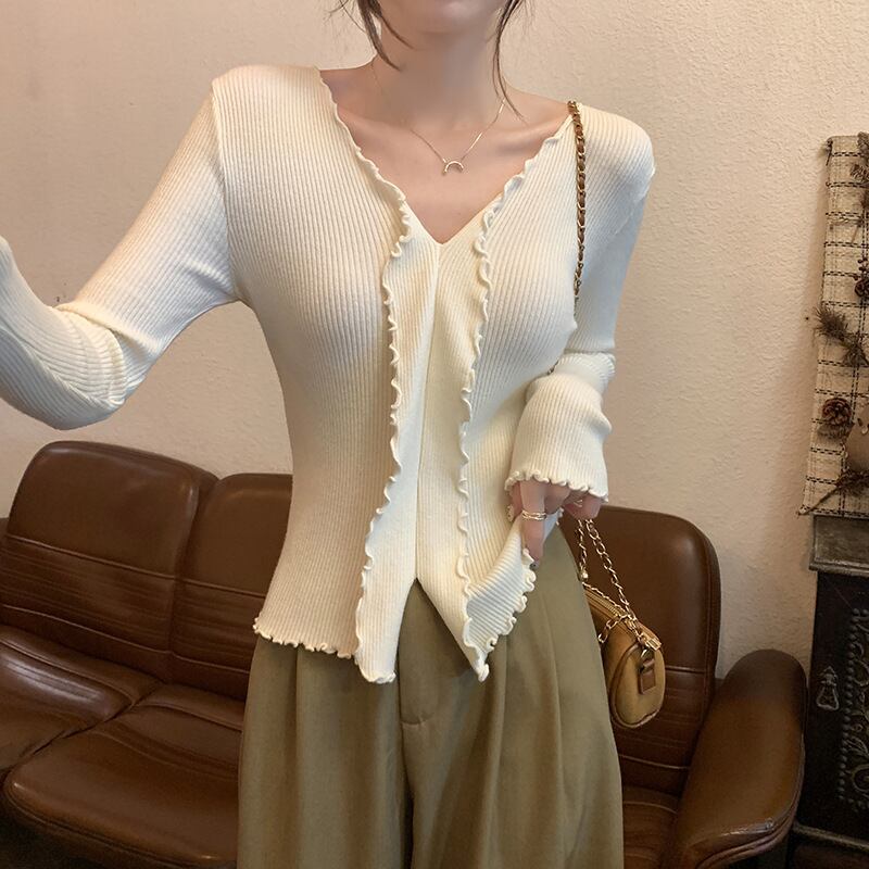 【tops】Vネックフリルニットトップス　M18839